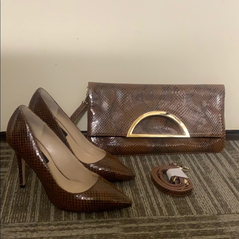 WHBM Brown Snake Heels Shoes 7 Purse olivia whisky